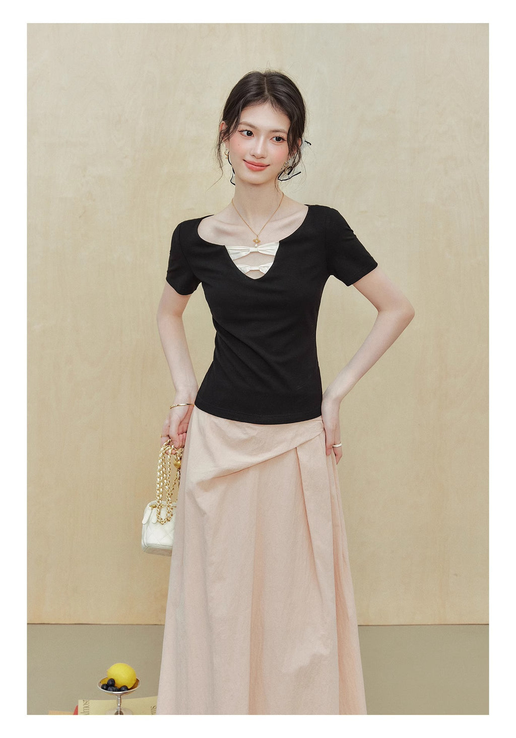 [Rayon 270g] "Ballet Girl" Black Short-Sleeved T-Shirt Women's Summer Design Waist Top
