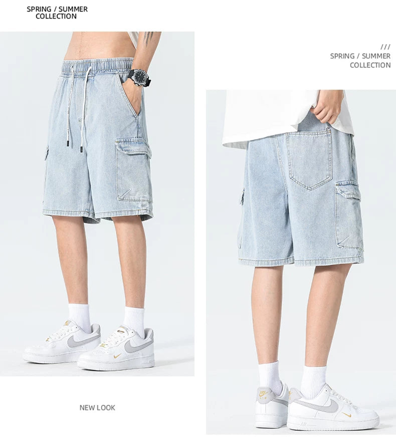 American Workwear Trendy Brand Denim Shorts for Boys Summer Thin Loose Straight 2025 New Men's Casual Pants