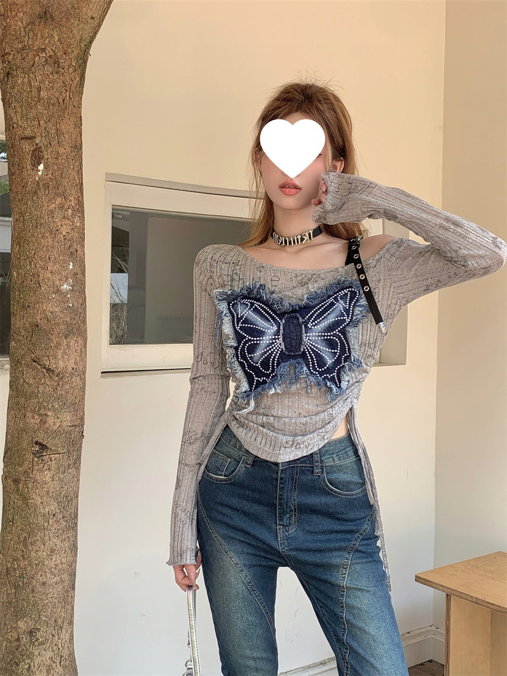 Design Sense Niche Stitching Denim Bow Short Spice Girls Summer Slimming Shoulder Drawstring Long-sleeved T-shirt Top