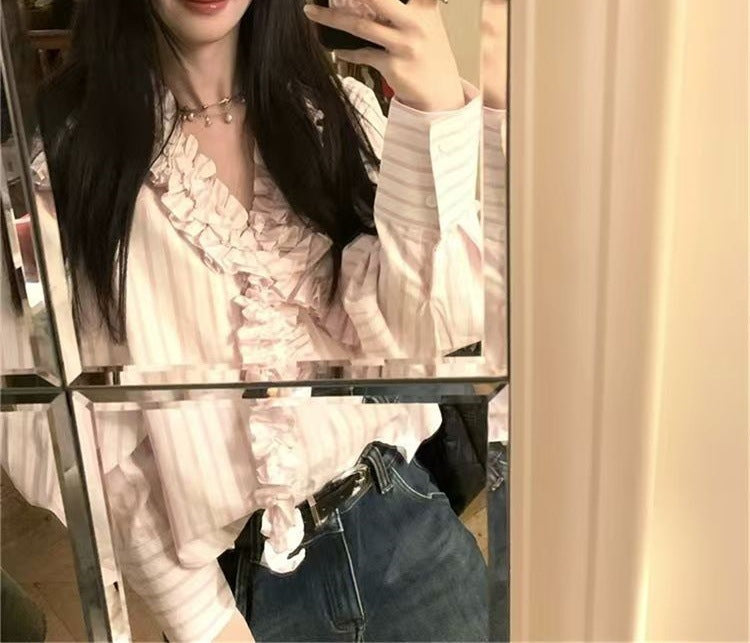 Design Sense Sweet Girl French Style Gentle V-Neck Stamped Striped Long Sleeve Shirt Spring and Summer New Season Top for Women
