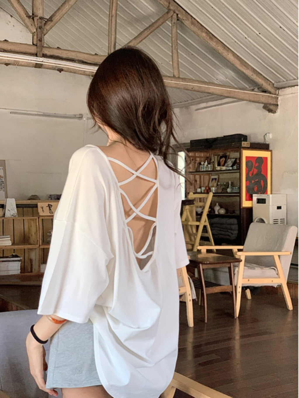 Cross Backless Short-sleeved T-shirt Women's Summer New Arrival Laid-back Loose Casual Design Hot Girls Chic Trendy Top