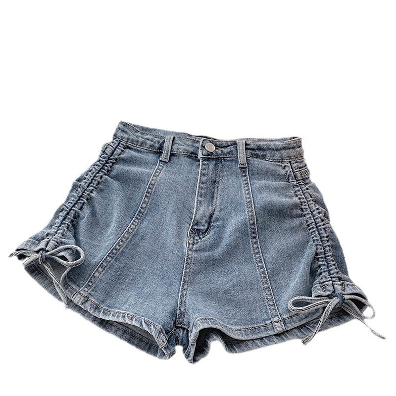 Strap Drawstring Denim Shorts Women's Summer Thin Niche Design High Waist Slimming Spice Girls Stretch Super Short Hot Pants
