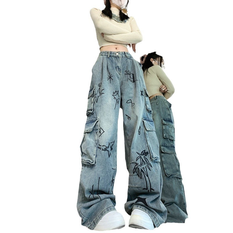 Vintage Graffiti Cartoon Y2K Niche Design Spice Girls Slim Wide Leg Jeans Women's New