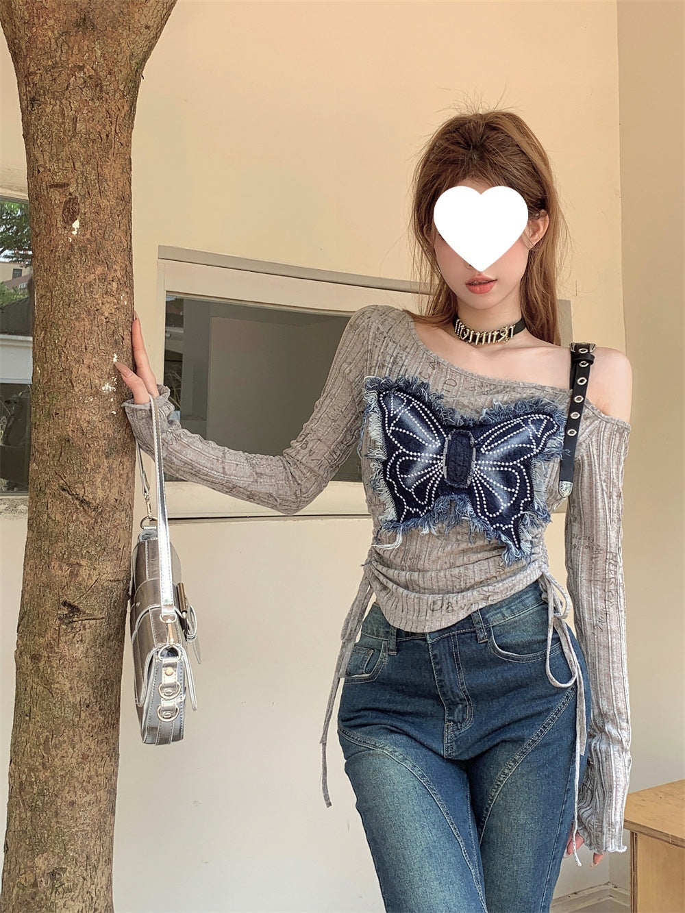 Design Sense Niche Stitching Denim Bow Short Spice Girls Summer Slimming Shoulder Drawstring Long-sleeved T-shirt Top