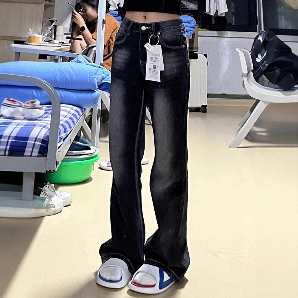 American-style Retro Black Micro-pull Stretch Jeans Women's High-waisted Slim-fit Straight High-street Spice Girls' Horseshoe Pants