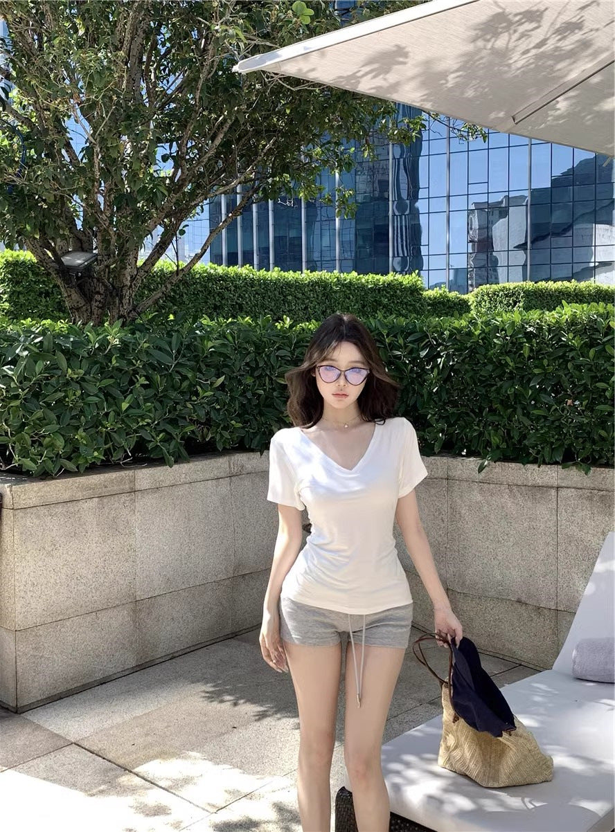 White V-Neck Short-Sleeved Shoulder T-Shirt Women's Summer Basic Slim-Fit Inner Spice Girls Simple Slimming Base Shirt Top