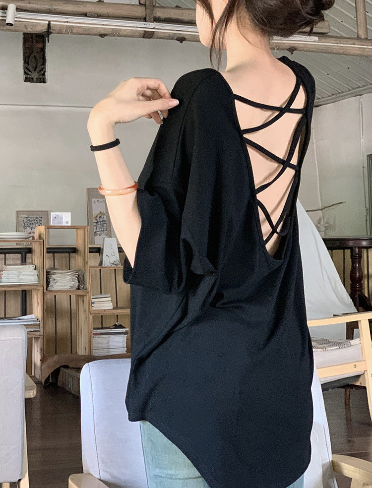 Cross Backless Short-sleeved T-shirt Women's Summer New Arrival Laid-back Loose Casual Design Hot Girls Chic Trendy Top