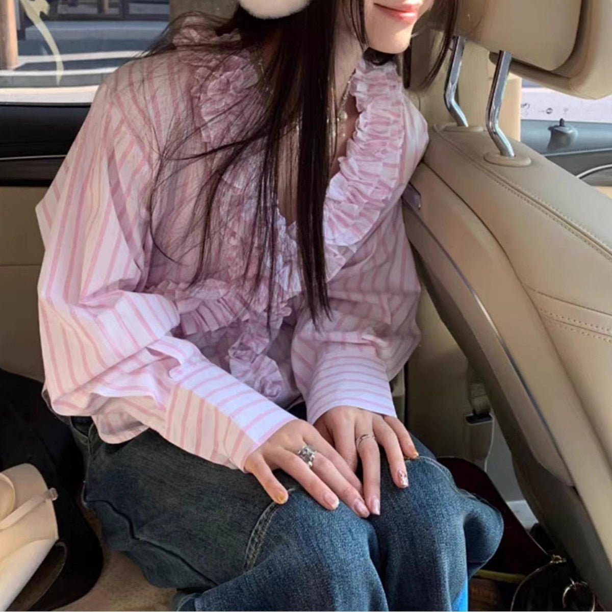 Design Sense Sweet Girl French Style Gentle V-Neck Stamped Striped Long Sleeve Shirt Spring and Summer New Season Top for Women