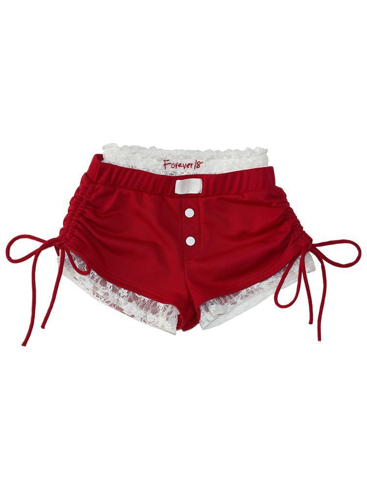Factory Drawstring Pleated Lantern Red Shorts Women's Summer 2024 New Casual High Lace Leggings