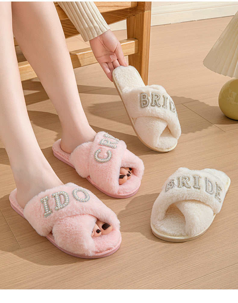 Cross-Border Popular Pearl Letters Bride Bridal Cross Fur Slippers Bachelor Party Wedding Plush Slippers for Women