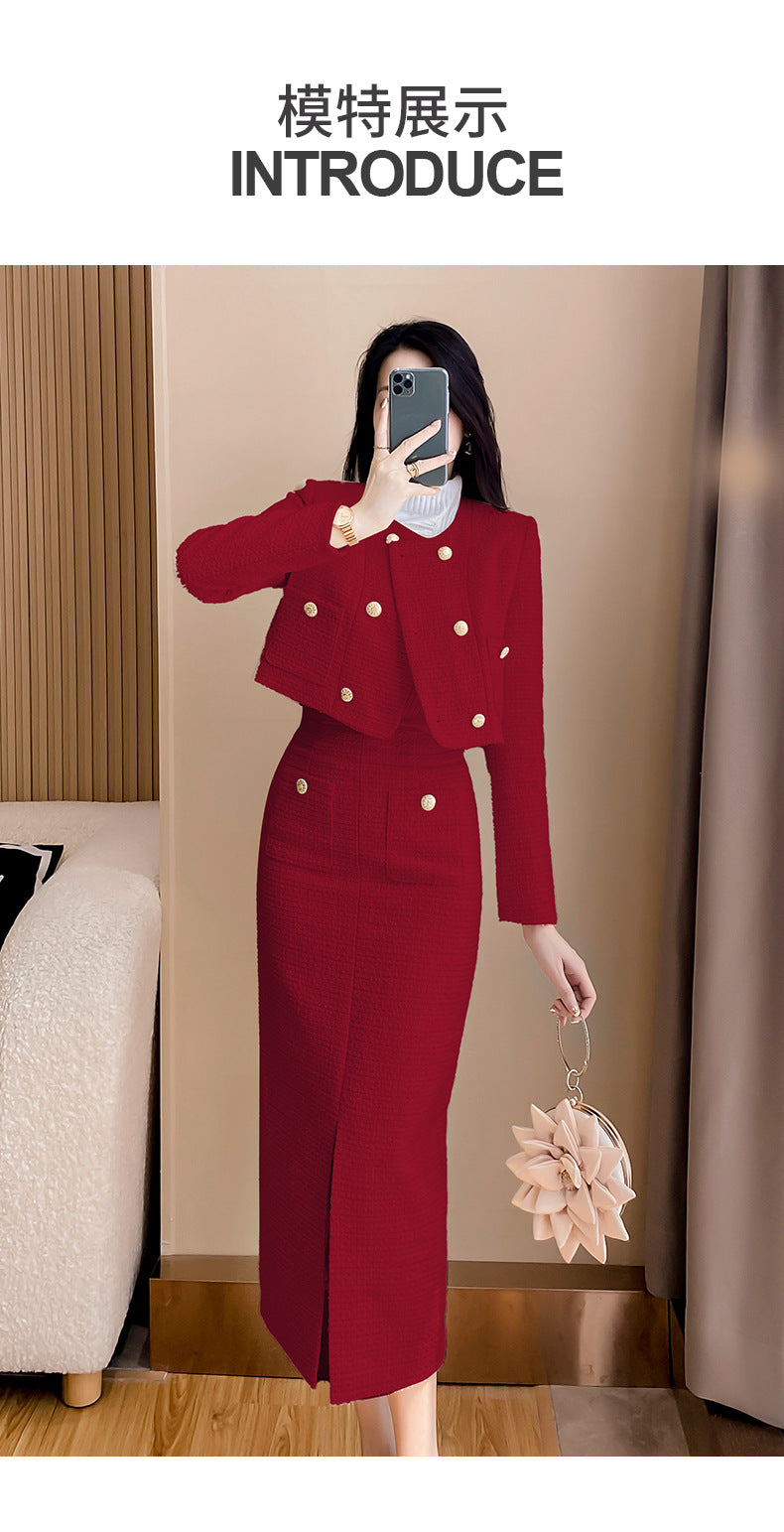 High-grade red suit 2023 autumn and winter New Chanel style slim fit woolen coat two-piece set back-to-door clothes fashion