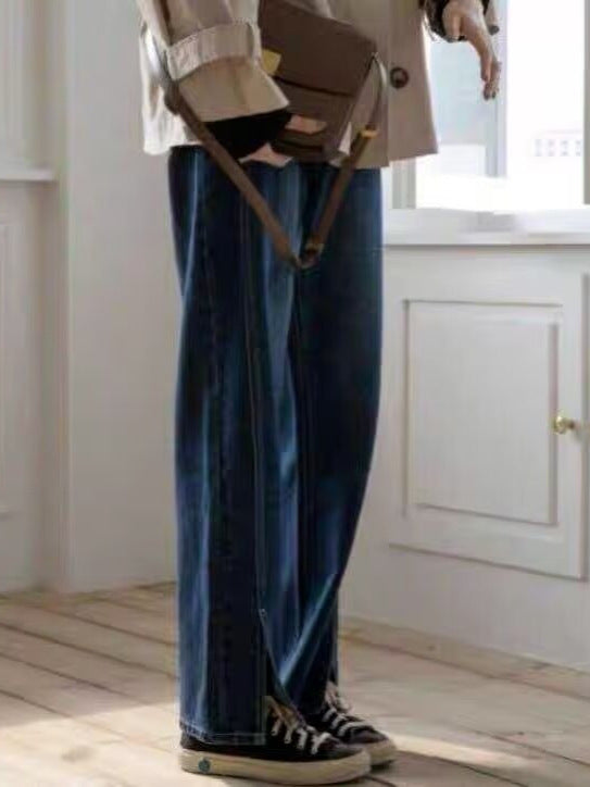 plus size chubby girl Split Jeans Women's Thigh Thick and Thin All-match Straight Tube Loose High Waist Trousers Jeans