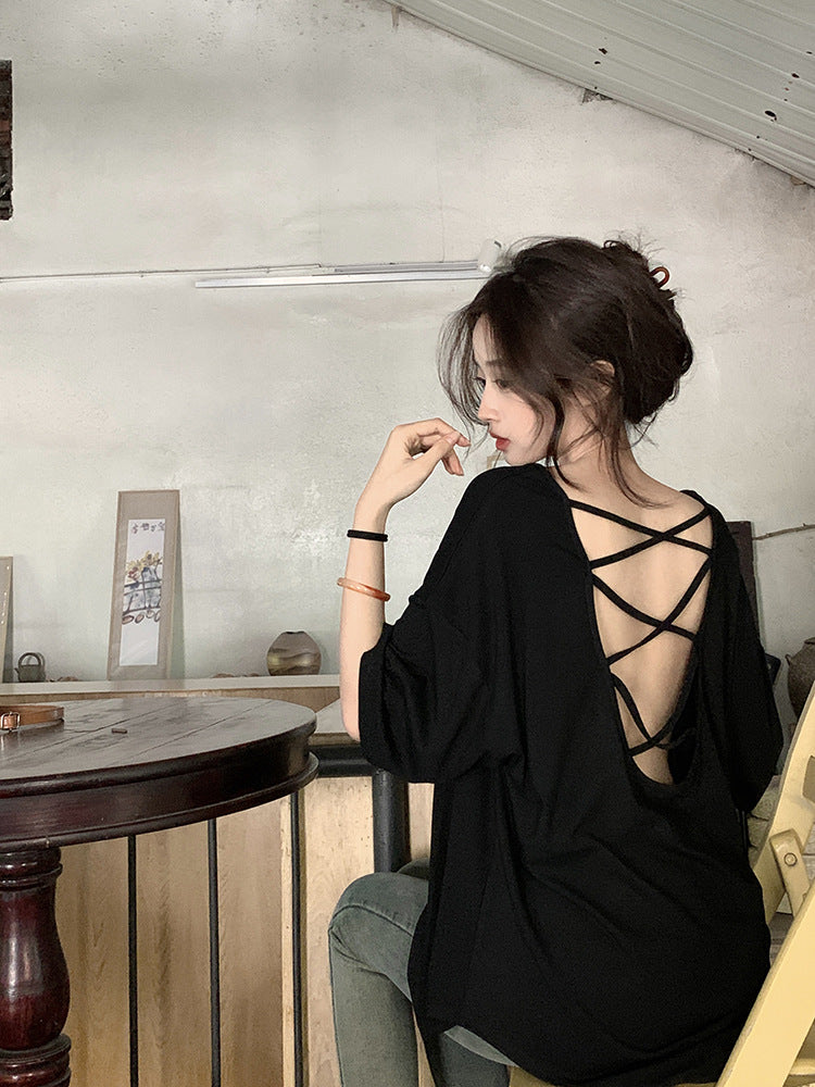 Cross Backless Short-sleeved T-shirt Women's Summer New Arrival Laid-back Loose Casual Design Hot Girls Chic Trendy Top