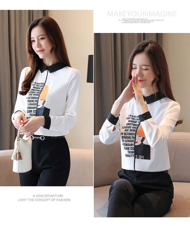 2025 Early Spring Real Shot Design Sense Letter Printed Girls Chiffon Shirt Autumn Korean Loose Long Sleeve Small Shirt Top