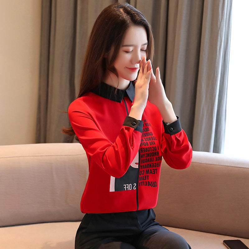 2025 Early Spring Real Shot Design Sense Letter Printed Girls Chiffon Shirt Autumn Korean Loose Long Sleeve Small Shirt Top