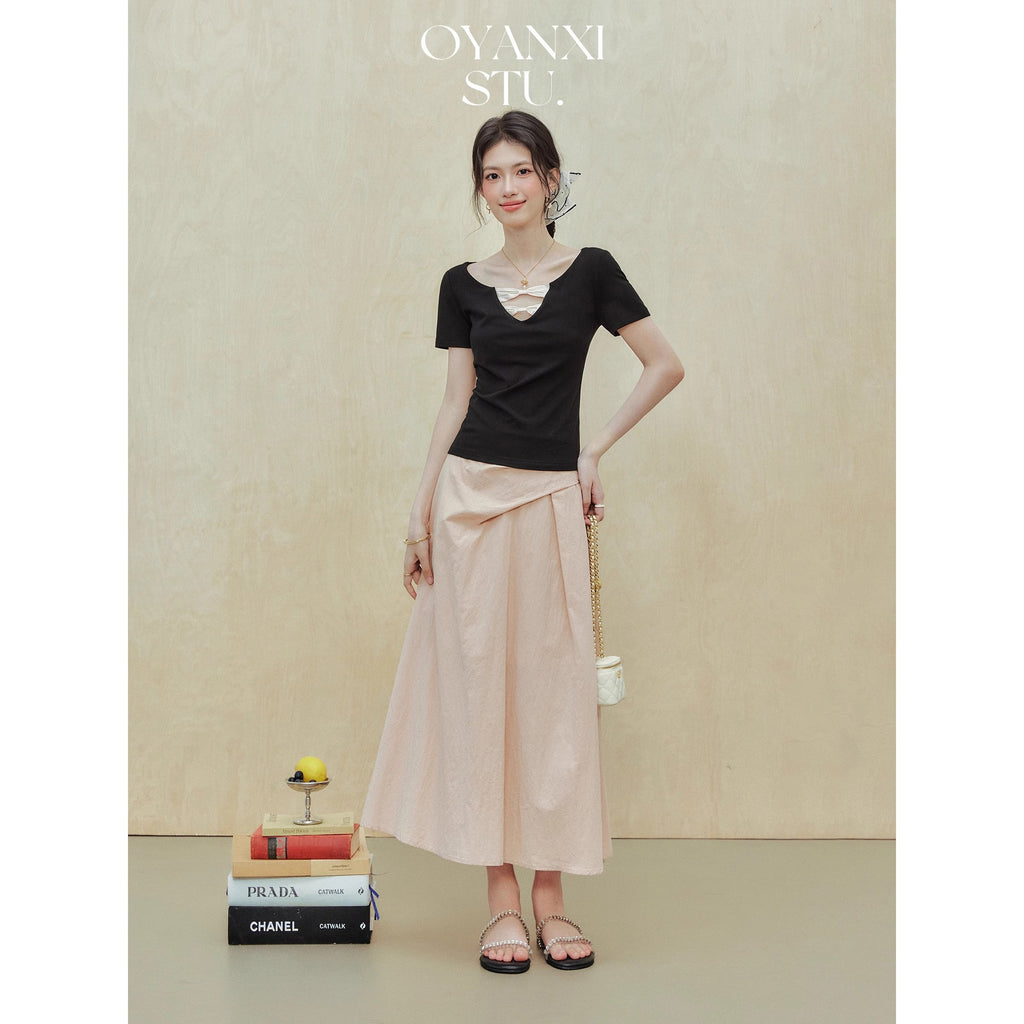 [Rayon 270g] "Ballet Girl" Black Short-Sleeved T-Shirt Women's Summer Design Waist Top
