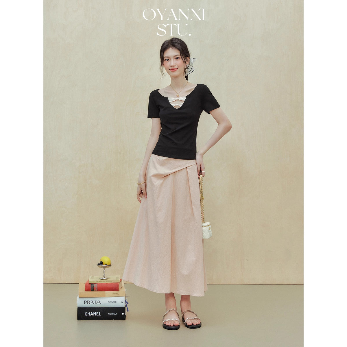 [Rayon 270g] "Ballet Girl" Black Short-Sleeved T-Shirt Women's Summer Design Waist Top