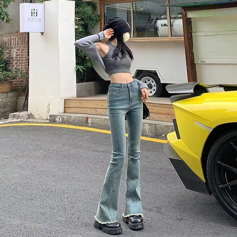 Vintage Blue Micro High-waisted Jeans Women's Autumn Fur-trimmed Slim-fit Slimming Spice Girls Loose Horseshoe Flared Pants