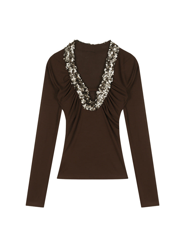 Heavy Industry Sequins brown Sexy V-Neck Long-Sleeved T-Shirt Women's Autumn Design Sense Base Shirt Slim-Fit Inner Spice Girl Top