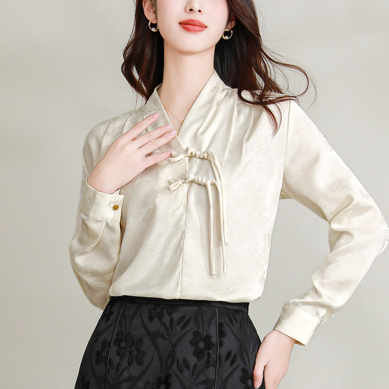 Real shot Spring 2024 new designer French chic top V-neck shirt commuter new Chinese shirt for women