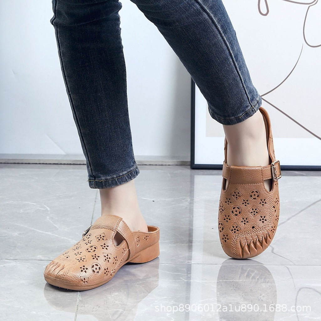 New Half-Pack Slip-On Sandals for Women, Middle-Aged and Elderly, Lazy Soft-Soled Hollow Sandals, Non-Slip and Waterproof Indoor Sandals