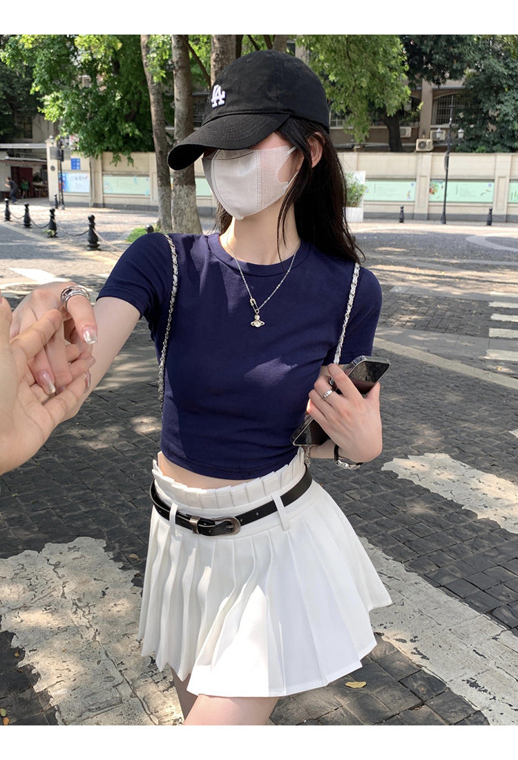 White Cotton T-Shirt Women's Short-sleeved Inner Summer Wear Spice Girl Short Slim-fit Slimming Shoulder T-shirt Top