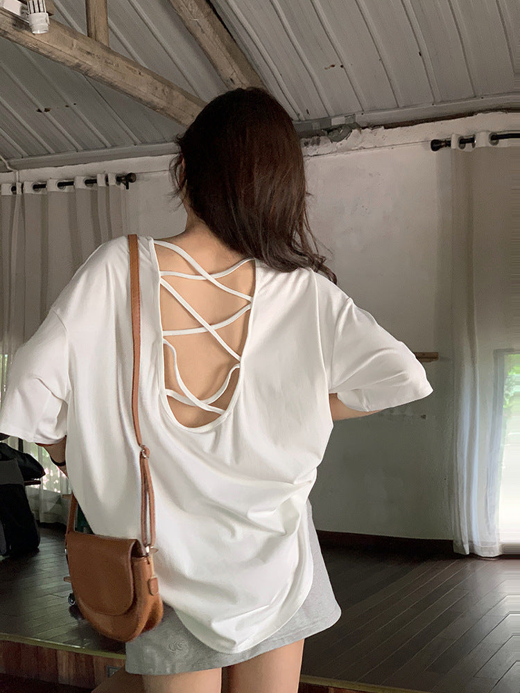 Cross Backless Short-sleeved T-shirt Women's Summer New Arrival Laid-back Loose Casual Design Hot Girls Chic Trendy Top