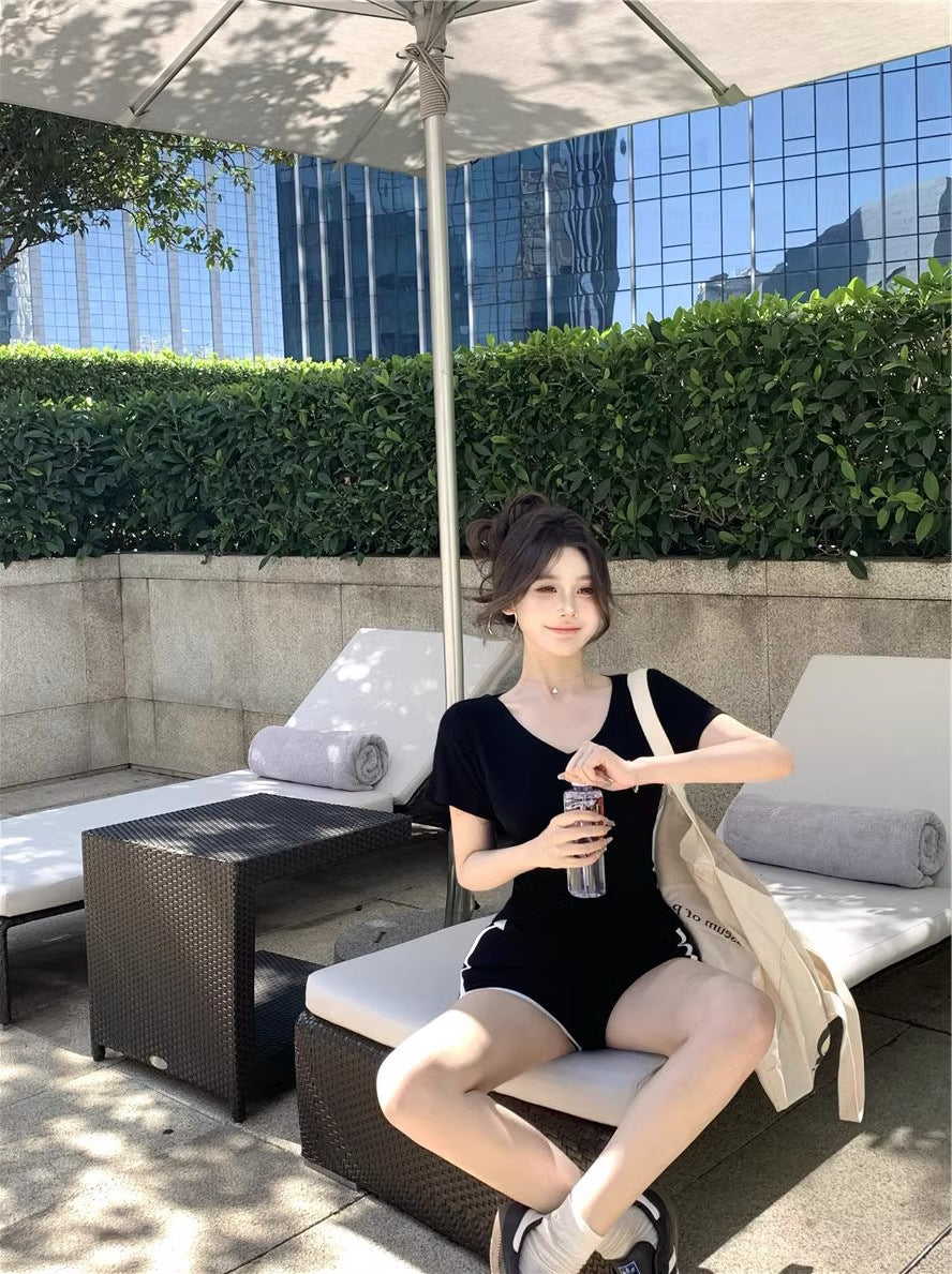 White V-Neck Short-Sleeved Shoulder T-Shirt Women's Summer Basic Slim-Fit Inner Spice Girls Simple Slimming Base Shirt Top