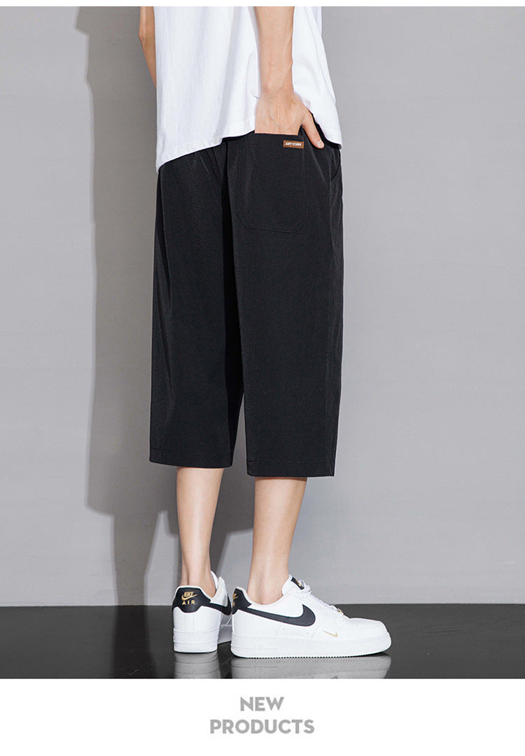 Ice Silk Cropped Pants Men's Summer Thin Loose Breathable Outer Wear Beach Pants Sports Casual Shorts for Boys