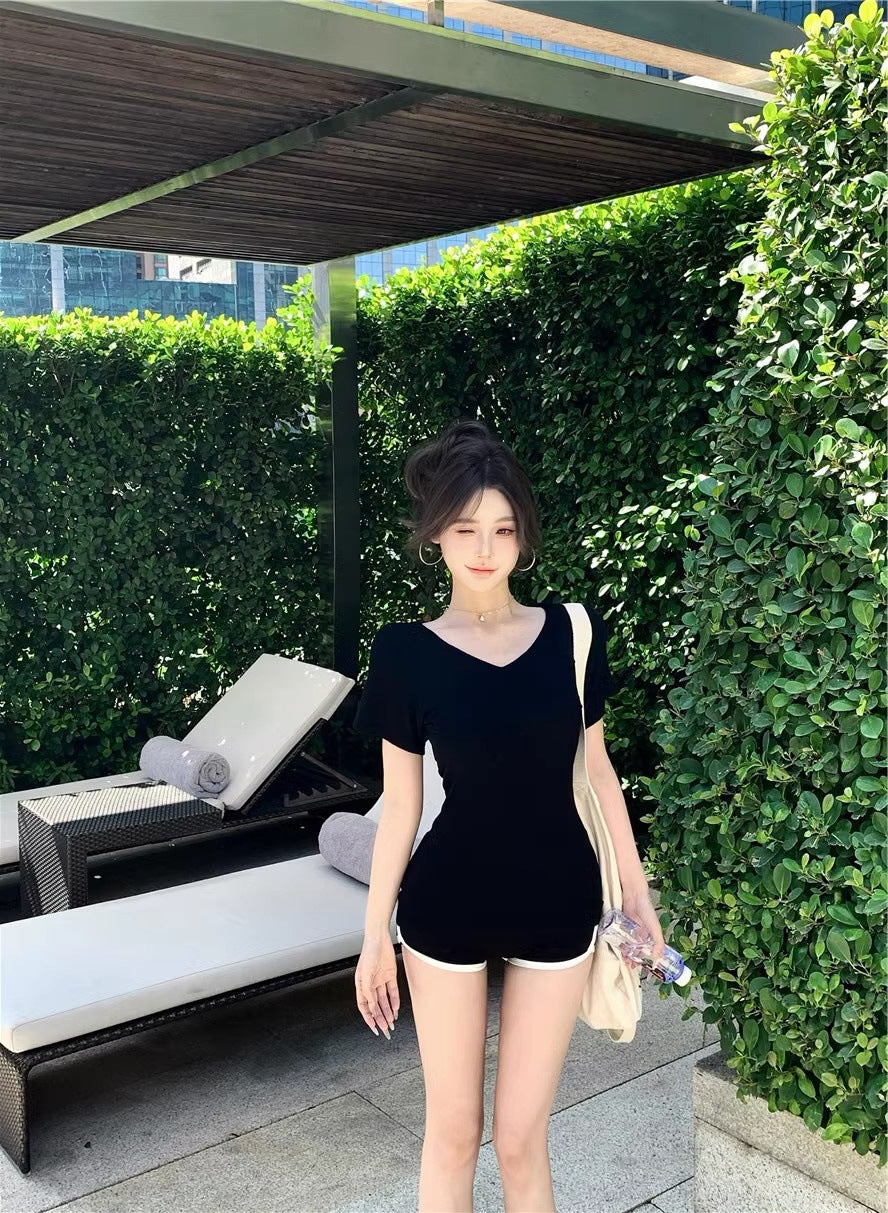 White V-Neck Short-Sleeved Shoulder T-Shirt Women's Summer Basic Slim-Fit Inner Spice Girls Simple Slimming Base Shirt Top