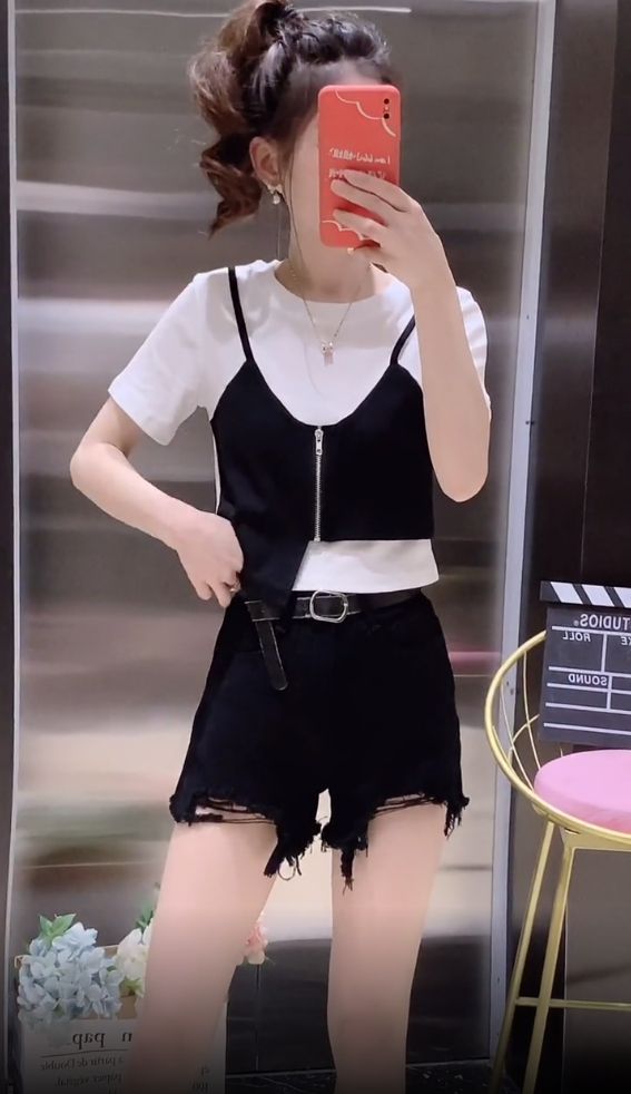 Irregular Fake Two-piece Stitching Short-sleeved T-shirt Women's Design Sense Small Girl's Zipper Top Summer Fashion