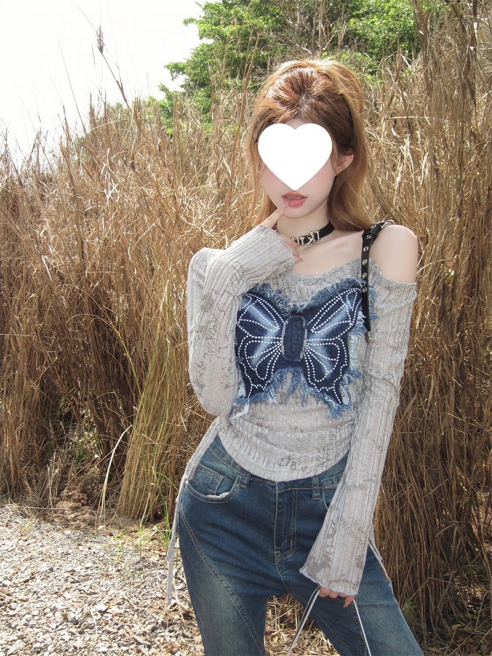 Design Sense Niche Stitching Denim Bow Short Spice Girls Summer Slimming Shoulder Drawstring Long-sleeved T-shirt Top