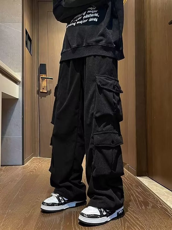 Corduroy Multi-Pocket Crane Pants Men's Spring and Autumn American Straight Pants Loose Casual Wide-Leg Pants for Boys