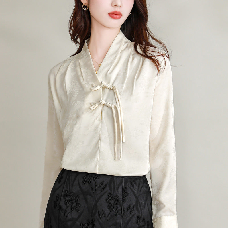 Real shot Spring 2024 new designer French chic top V-neck shirt commuter new Chinese shirt for women