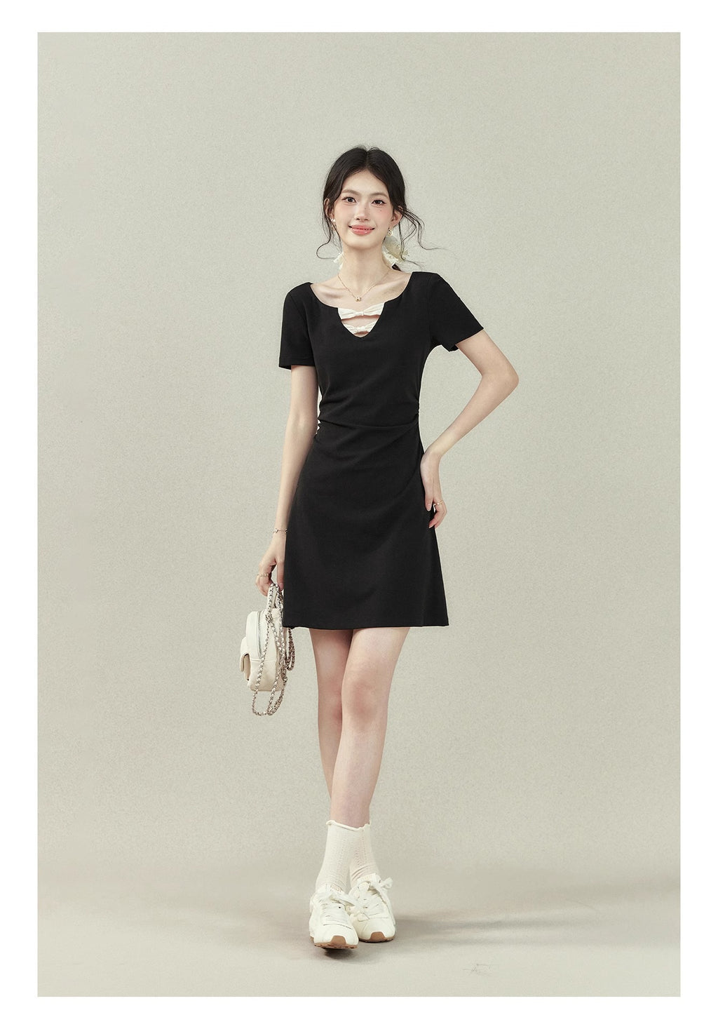 [Rayon 270g] "Ballet Girl" Black Short-Sleeved T-Shirt Women's Summer Design Waist Top