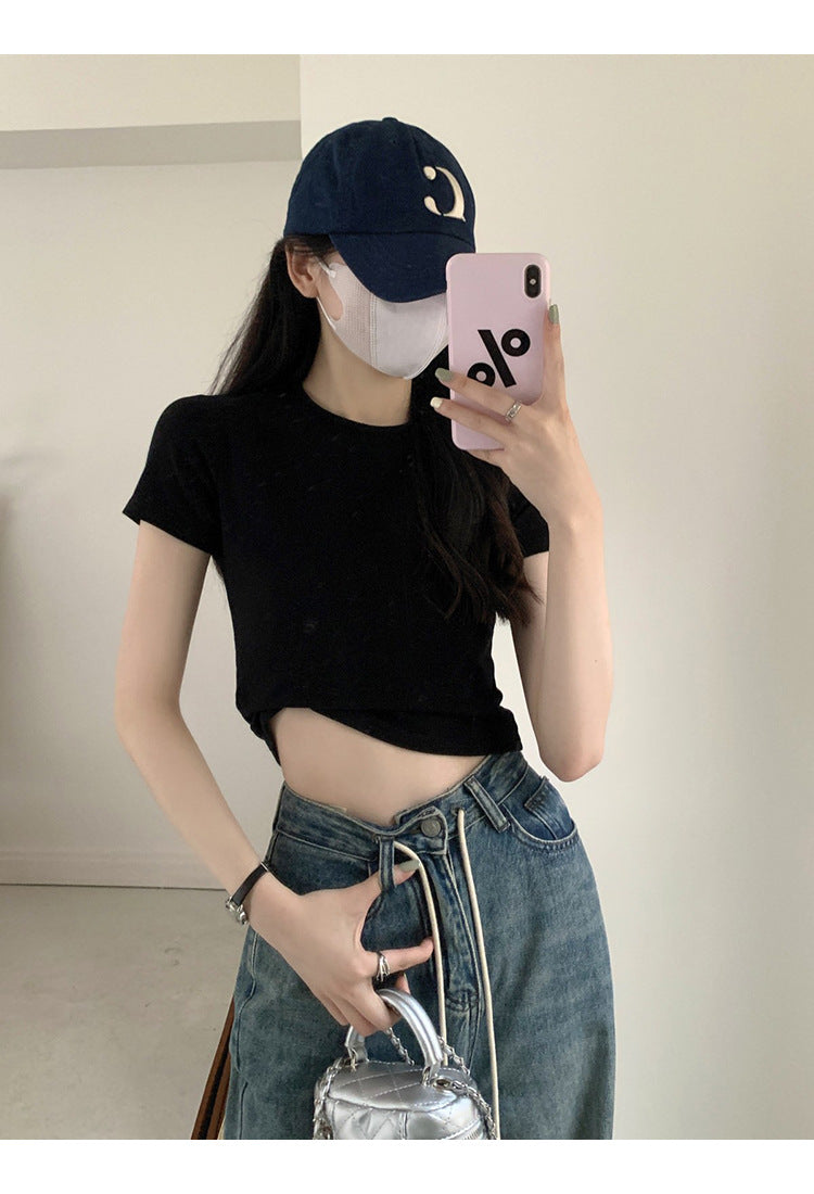White Cotton T-Shirt Women's Short-sleeved Inner Summer Wear Spice Girl Short Slim-fit Slimming Shoulder T-shirt Top