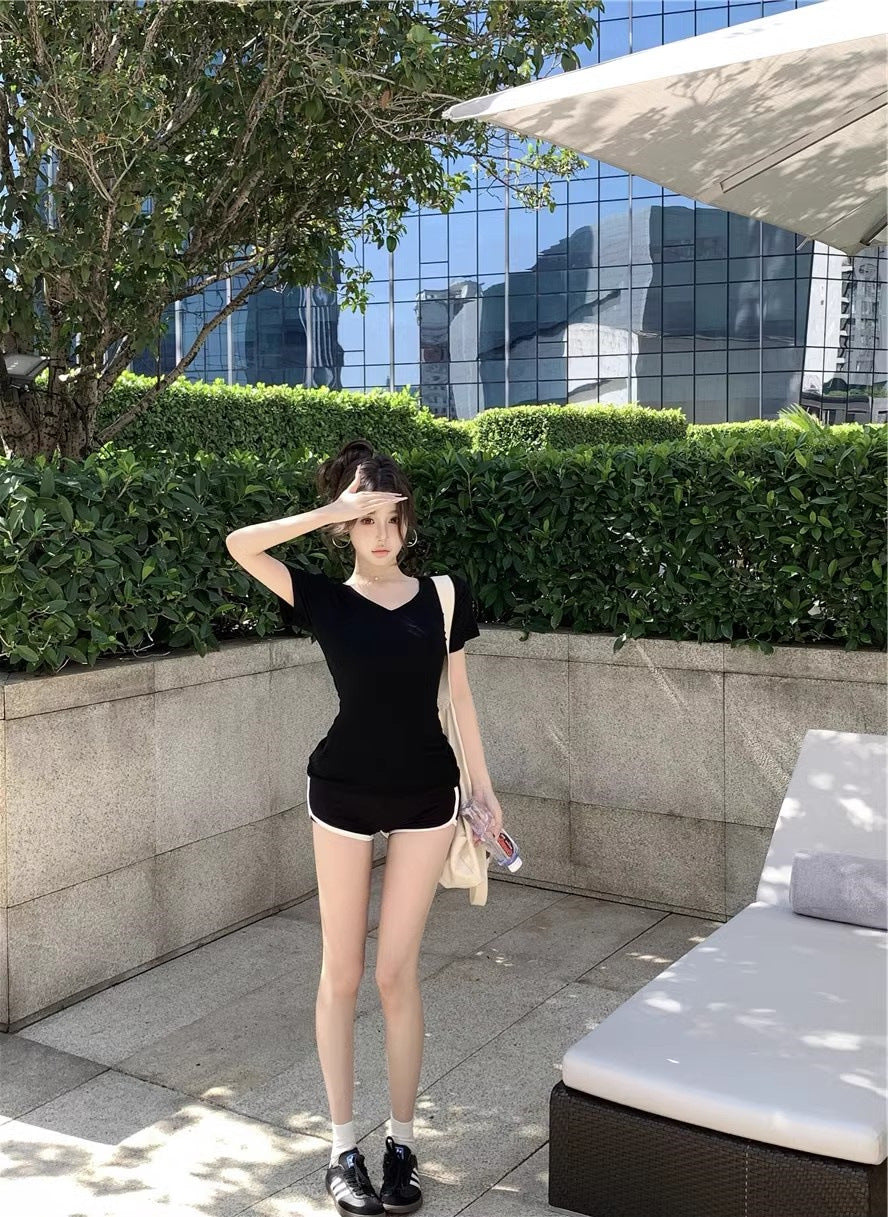White V-Neck Short-Sleeved Shoulder T-Shirt Women's Summer Basic Slim-Fit Inner Spice Girls Simple Slimming Base Shirt Top