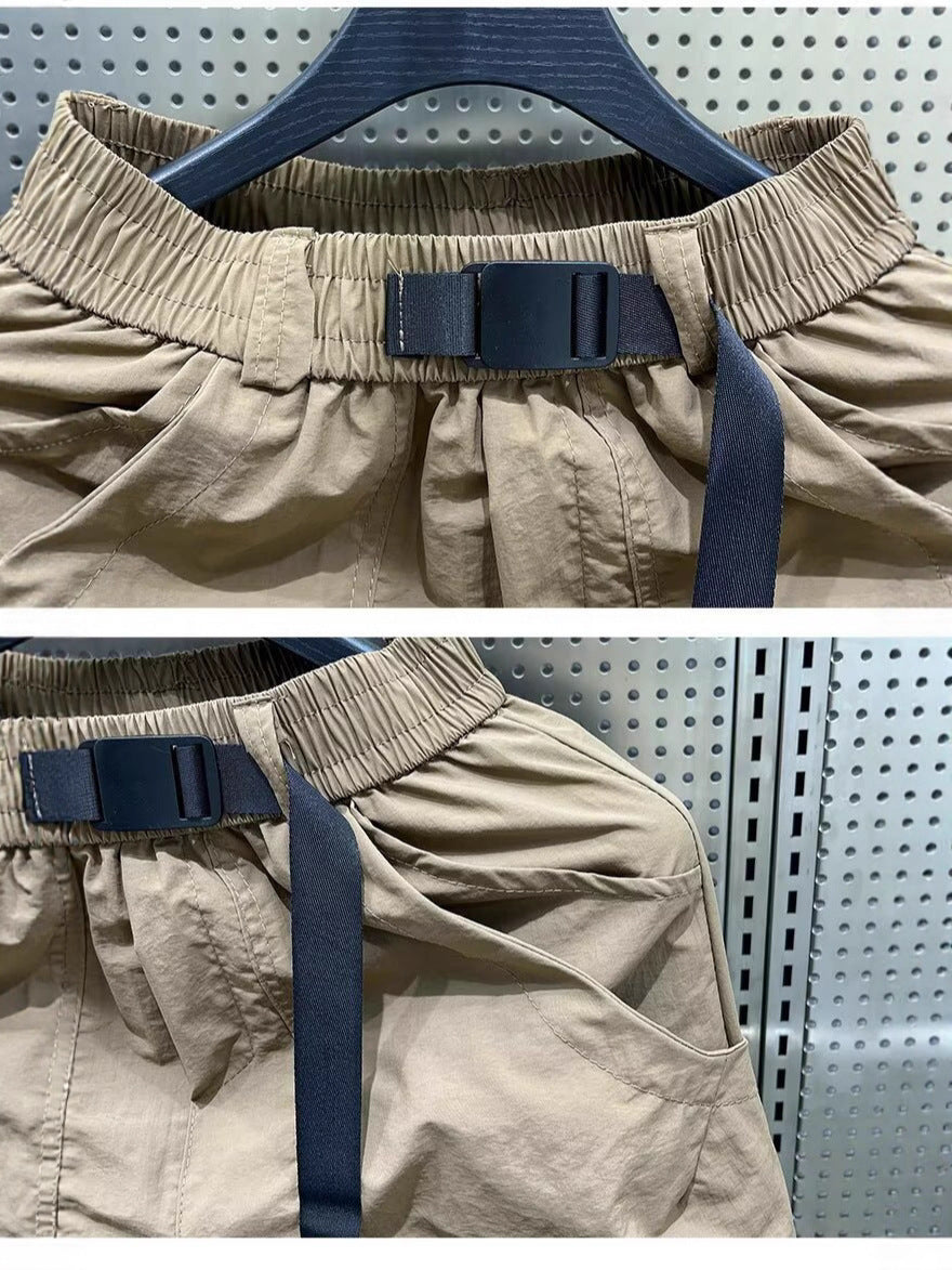 Casual Shorts Men's Summer Thin Cargo Pants Loose Straight Mid-Pants Khaki Functional Buckle Quick-Drying Shorts Men