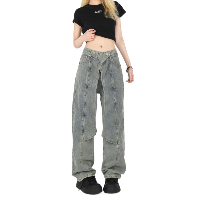 Real Shot! Cool Girl Jeans Women's New Design Splicing Slim Straight Pants