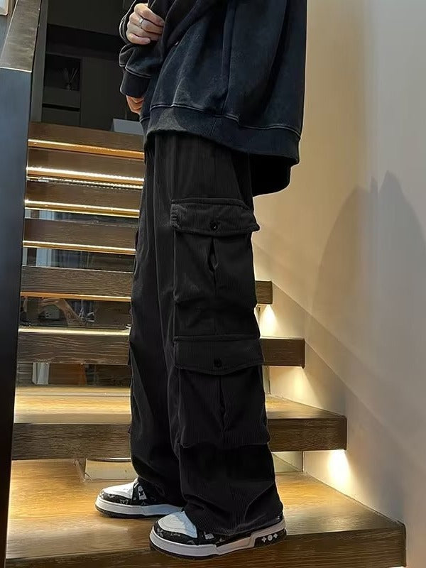 Corduroy Multi-Pocket Crane Pants Men's Spring and Autumn American Straight Pants Loose Casual Wide-Leg Pants for Boys
