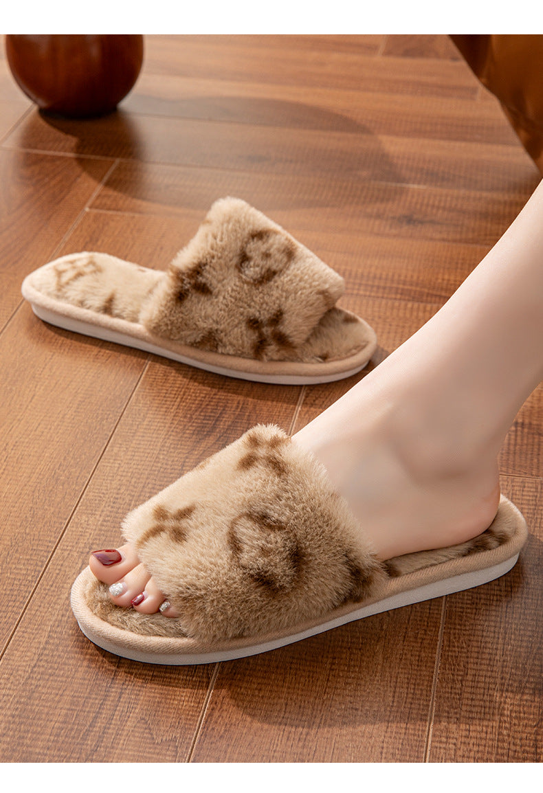 Mao Mao Open-mouth Cross-border Foreign Trade Open-toe Women's Slippers Autumn and Winter Four Seasons Open-mouth Slippers Imitation Rabbit Fur