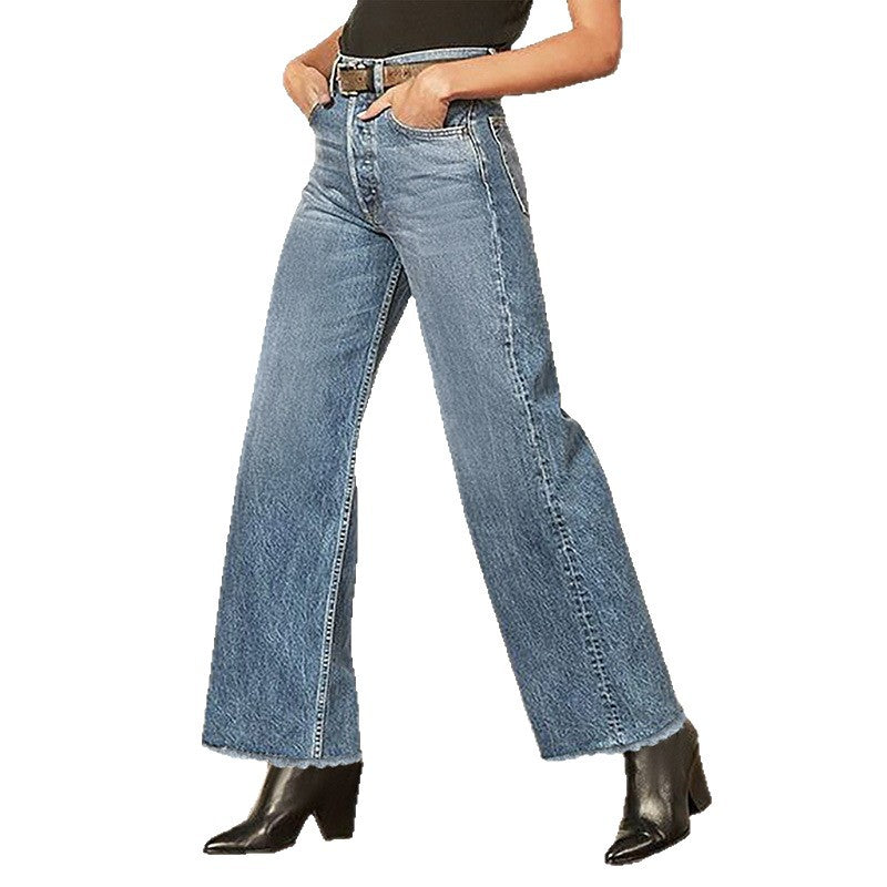 Cross-Border Raw Edge Jeans for Fat Girls mm High Waist Loose Slimming Look Tassel Baguette Pants Nine-Point Straight Cigarette Pants