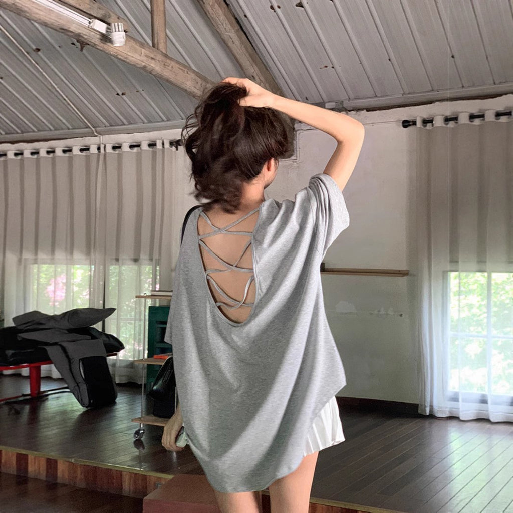 Cross Backless Short-sleeved T-shirt Women's Summer New Arrival Laid-back Loose Casual Design Hot Girls Chic Trendy Top