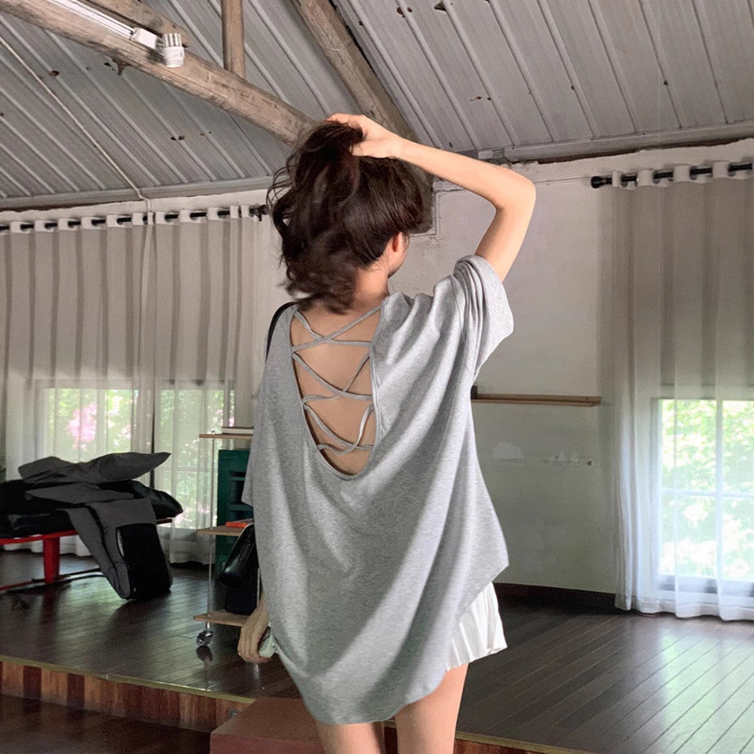 Cross Backless Short-sleeved T-shirt Women's Summer New Arrival Laid-back Loose Casual Design Hot Girls Chic Trendy Top