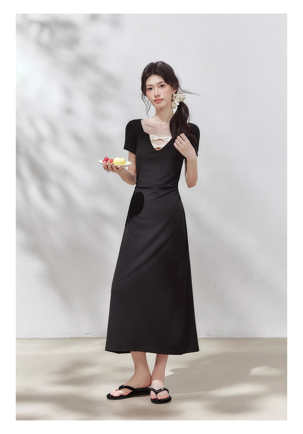[Rayon 270g] "Ballet Girl" Black Short-Sleeved T-Shirt Women's Summer Design Waist Top