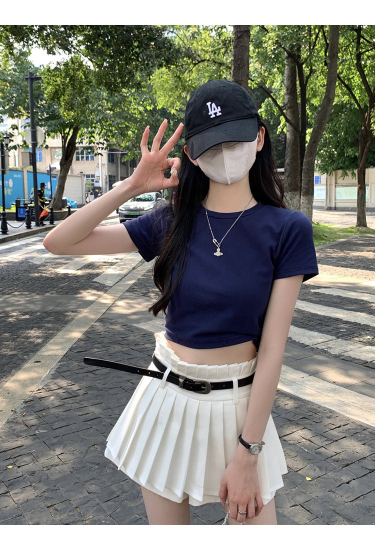 White Cotton T-Shirt Women's Short-sleeved Inner Summer Wear Spice Girl Short Slim-fit Slimming Shoulder T-shirt Top