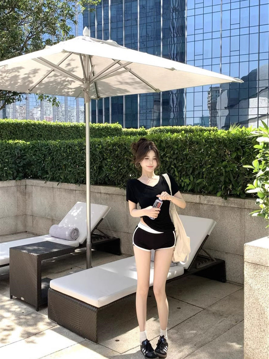 White V-Neck Short-Sleeved Shoulder T-Shirt Women's Summer Basic Slim-Fit Inner Spice Girls Simple Slimming Base Shirt Top