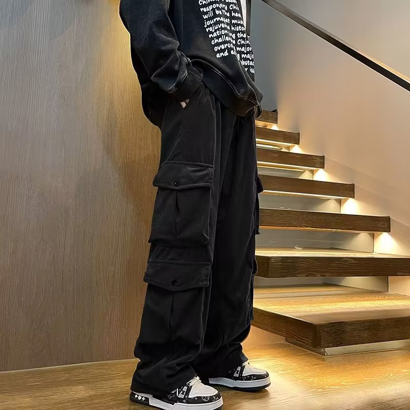 Corduroy Multi-Pocket Crane Pants Men's Spring and Autumn American Straight Pants Loose Casual Wide-Leg Pants for Boys