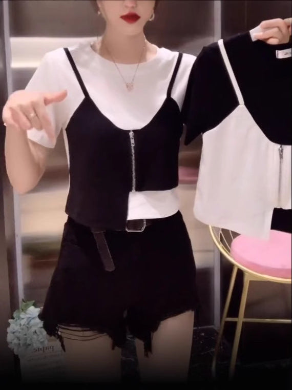 Irregular Fake Two-piece Stitching Short-sleeved T-shirt Women's Design Sense Small Girl's Zipper Top Summer Fashion