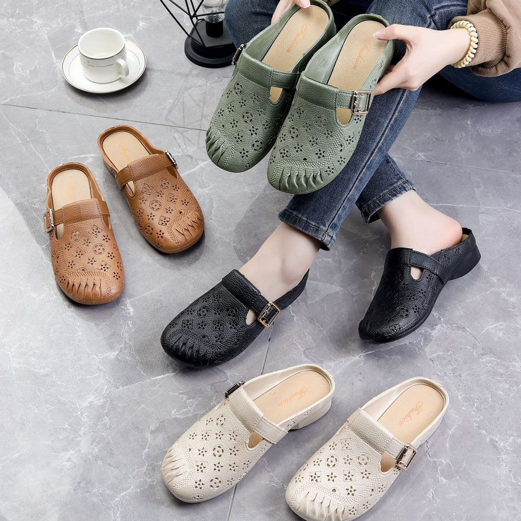 New Half-Pack Slip-On Sandals for Women, Middle-Aged and Elderly, Lazy Soft-Soled Hollow Sandals, Non-Slip and Waterproof Indoor Sandals